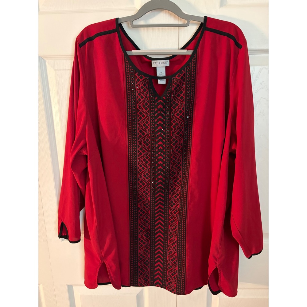 Catherines Red Geometric Print Sequin Split Neck Blouse Top 3X 26/28Wβ